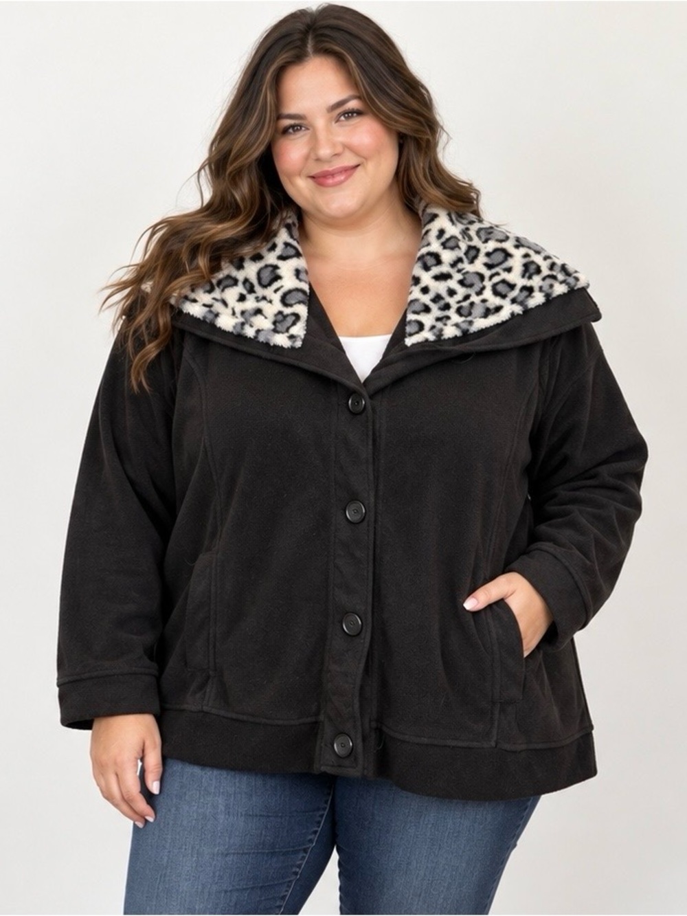 Women’s Black Fleece Sweater Jacket 3X Leopard Faux Fur Collar